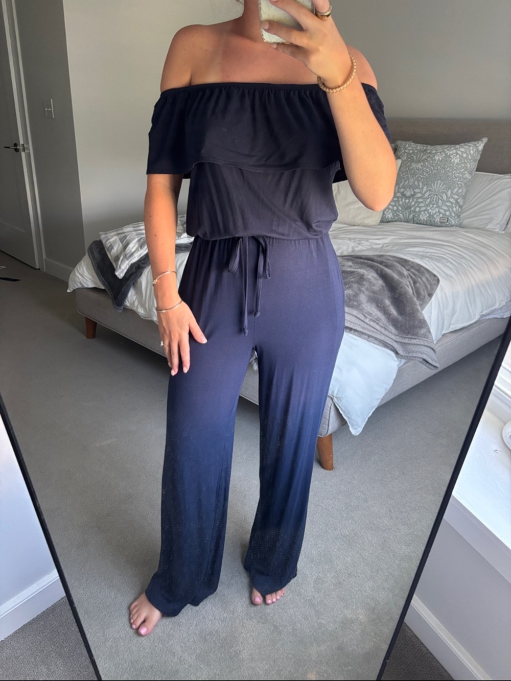 Max Studio Navy Off-Shoulder Wide-Leg Jumpsuit with Waist Tie